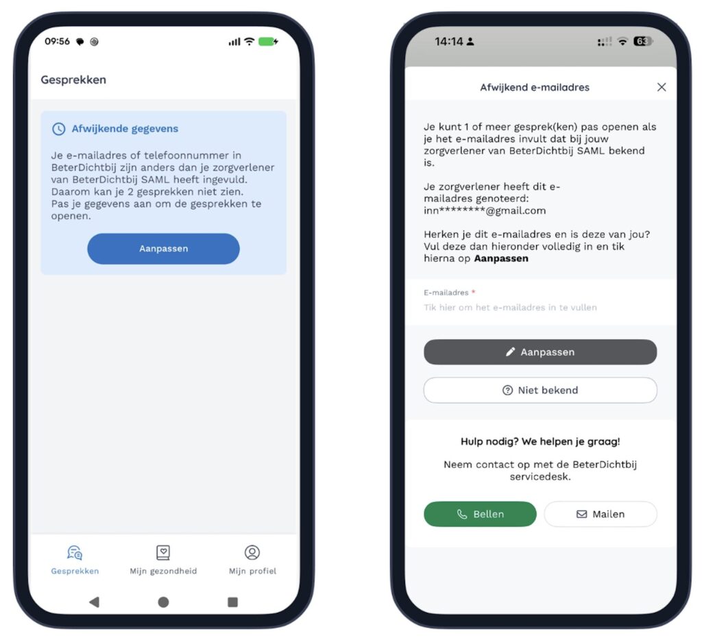 Mock ups afwijkende gegevens zelf oplossen patiëntapp